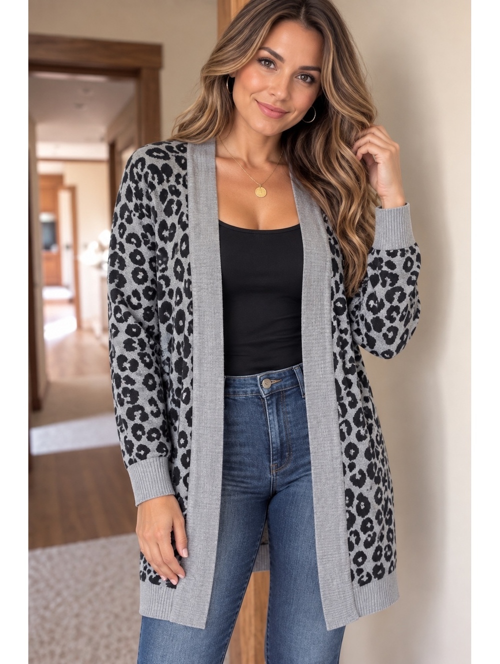 Nine West Gray Leopard Print Open Front Cardigan Large